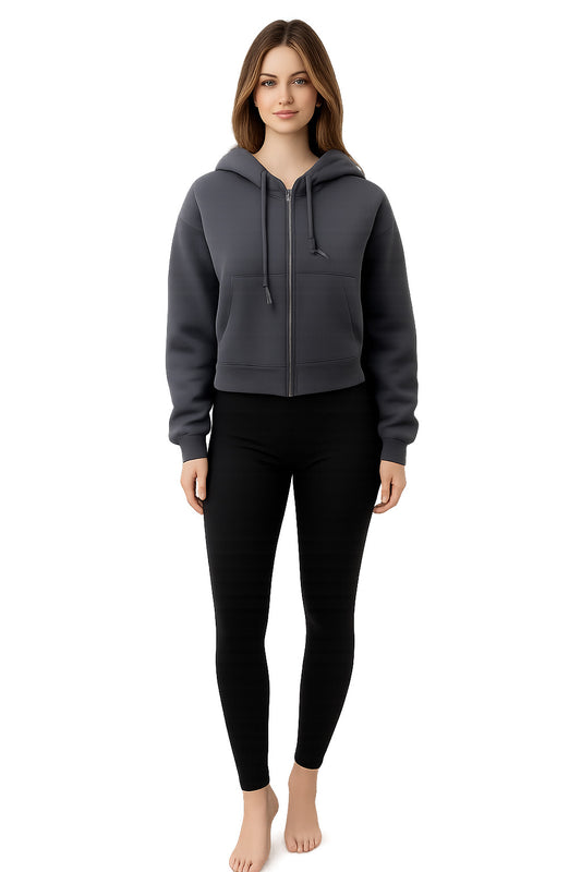 Zipper Melton Cropped Hoodie – One Size (55–75 KG) – Anti‑Pilling Finish